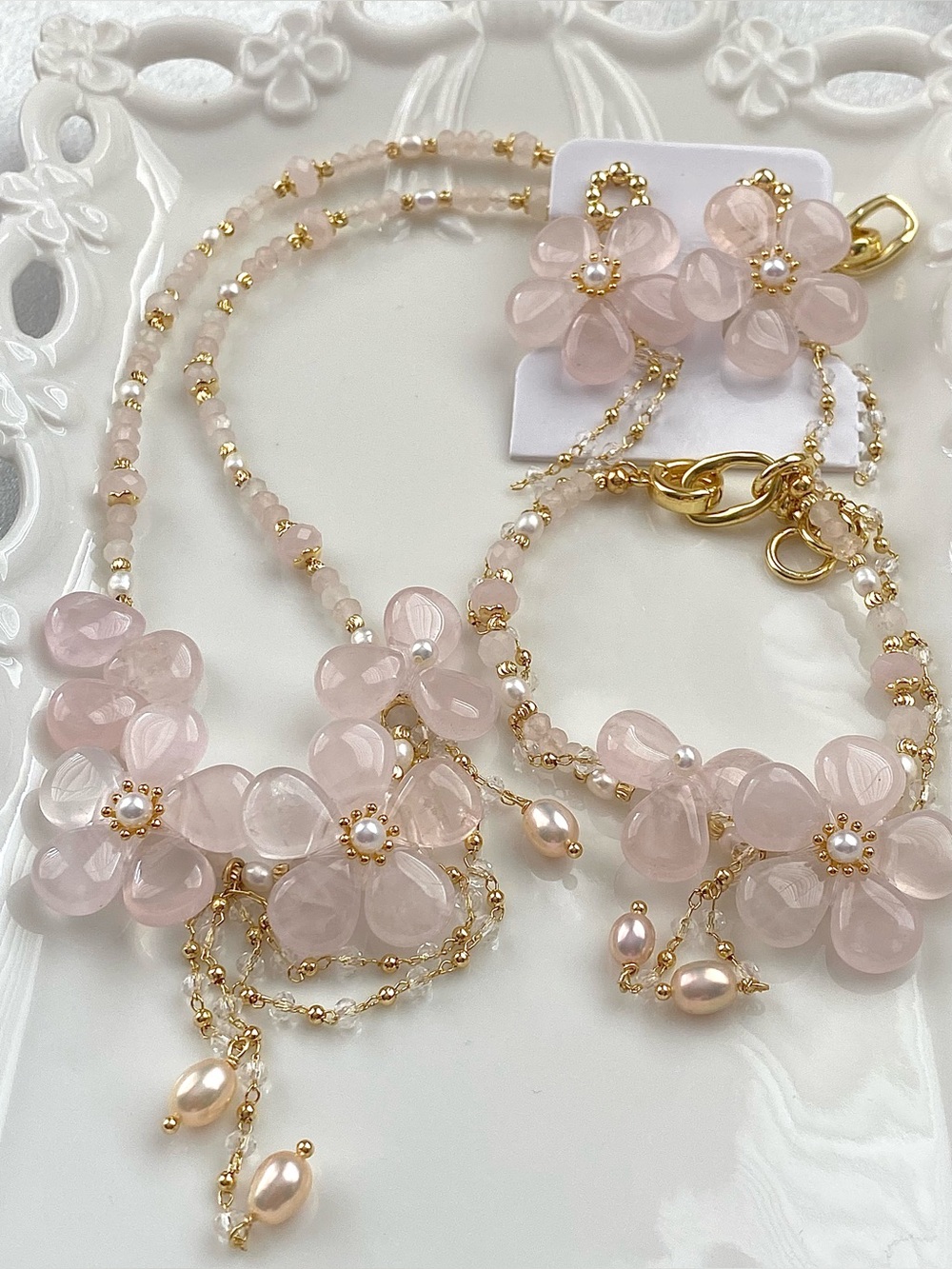 GP73-Handmade Rose Quartz And Freshwater Pearl Necklace,Bracelet And Earring Set